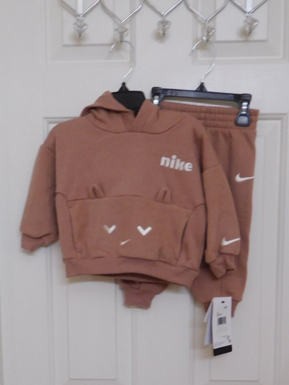 NWT 2pc Nike Beige Baby Bear Hooded Mix Fleece Sweatshirt & Joggers Set 18 Mos